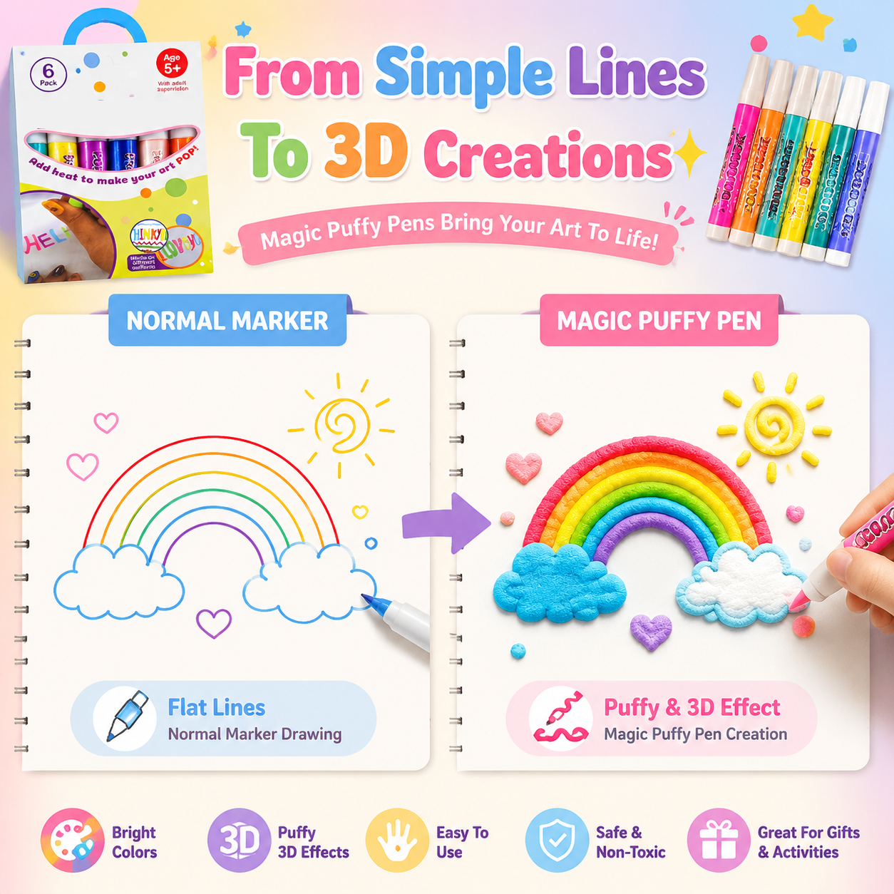 🔥HOT SALE 50% OFF🎁 Magic Puffy Pens for Kids – ✨3D Creative Drawing Art Set